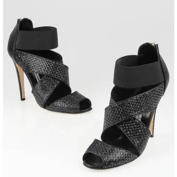 MANOLO BLAHNIK Black Patent Leather Woven Terreo High Heel Sandals $995 EU 39 - Picture 2 of 12